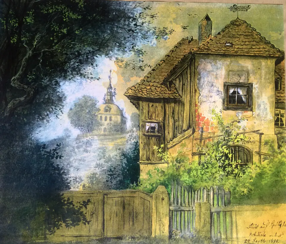 Watercolour: an old half-timbered house with a weather vane behind a wooden gate, the Spitzhaus in the background