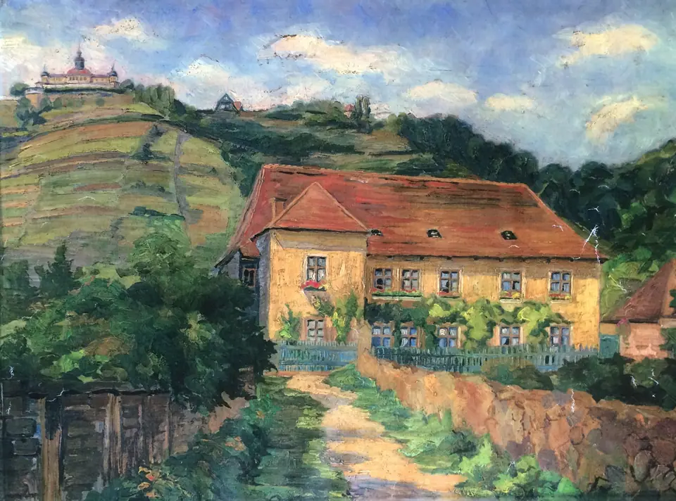 Oil painting: the Retzschgut with its red roof by the vineyard, the Spitzhaus at the top left, a field path in front